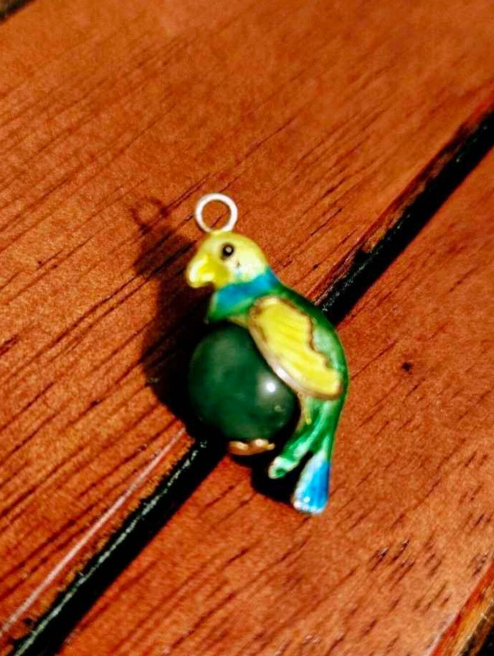 Green Jade Under Enamel Parrot Bird Charm Pendant - Green Yellow